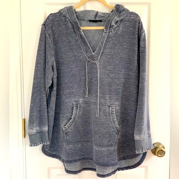 Jane and Delancey Tops - 2X Distressed Look V-Neck Hoodie ~ Ruffles ~ Jane + Delancey ~ Denim Blue